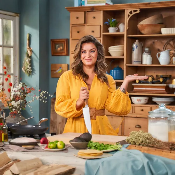 Cook in a yellow blouse in a country kitchen, knife in hand
