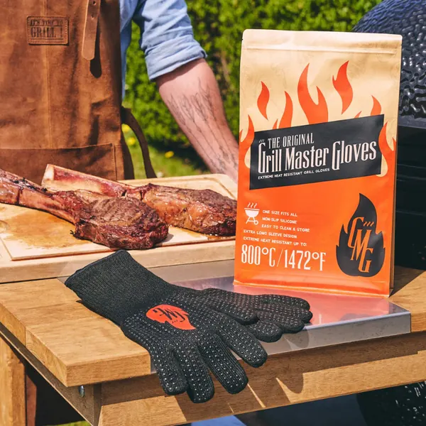 Grill Master Gloves pack next to black heat gloves at the barbecue